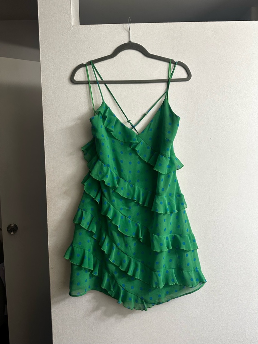 Mango Green Polka Dot Ruffle Mini Dress
